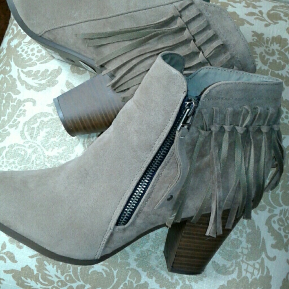 Tan Taupe Faux Suede Fringe Ankle Boots